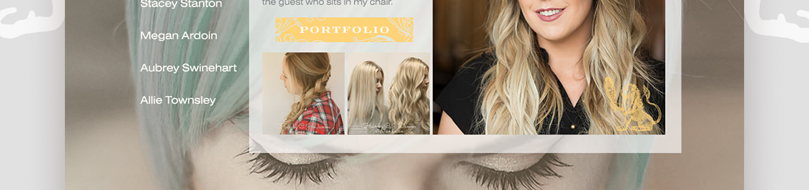 Detail of Shelter Salon’s portfolio page, featured blonde women with curly hair and another with braided hair.