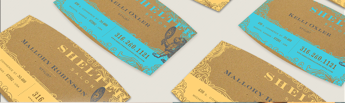 Brown and blue business cards for Shelter Salon.
