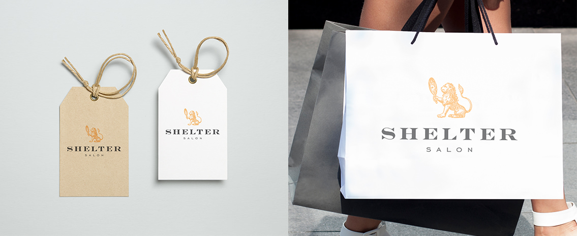 Salon bags and bag tags for Shelter Salon, featuring gold lion holding up hand-held mirror to face.