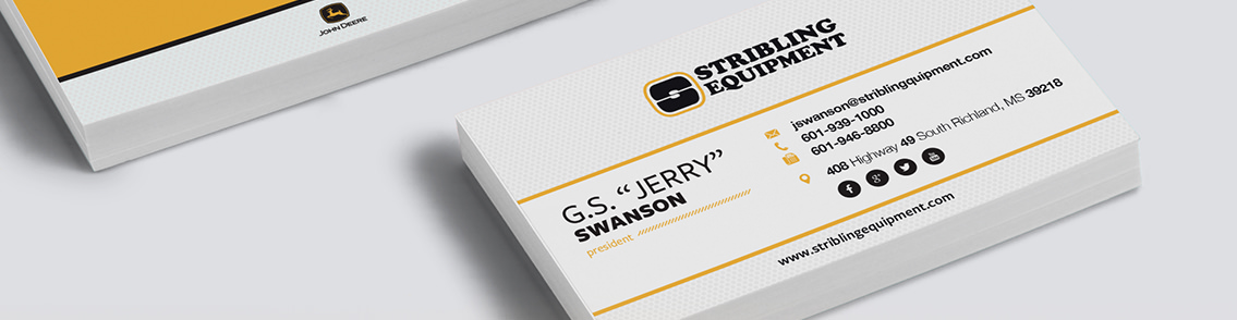 Business card for Stribling Equipment with contact details and name.