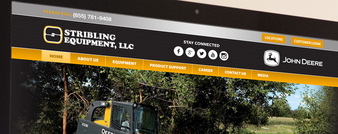 Stribling Equipment’s website demonstrating the home page with navigation bar.