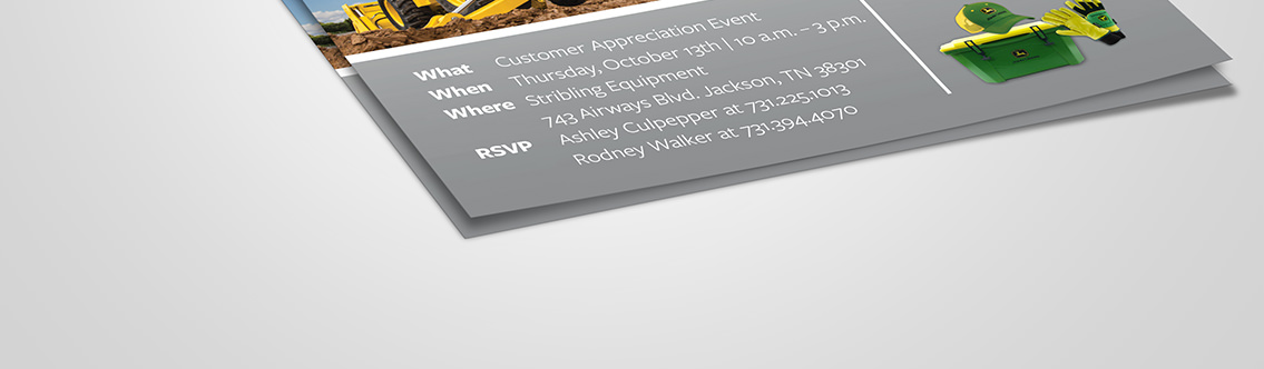 Flyer for Stribling Equipment with details of a mock event.