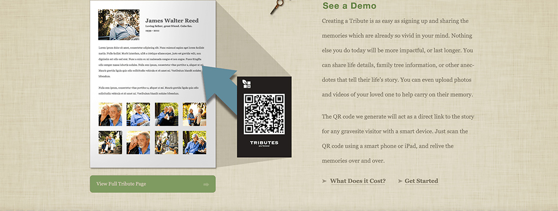 Snippet from demo page for Tributes Are Forever.
