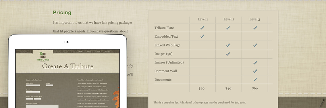 Snippet from Tributes Are Forever's about page text and layout design by Entermotion.