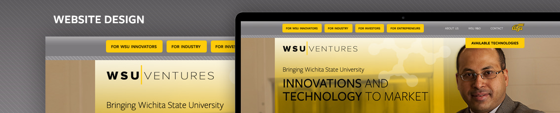 Text reading “web design” and a monitor demonstrating the website and navigation bar of WSU Ventures.
