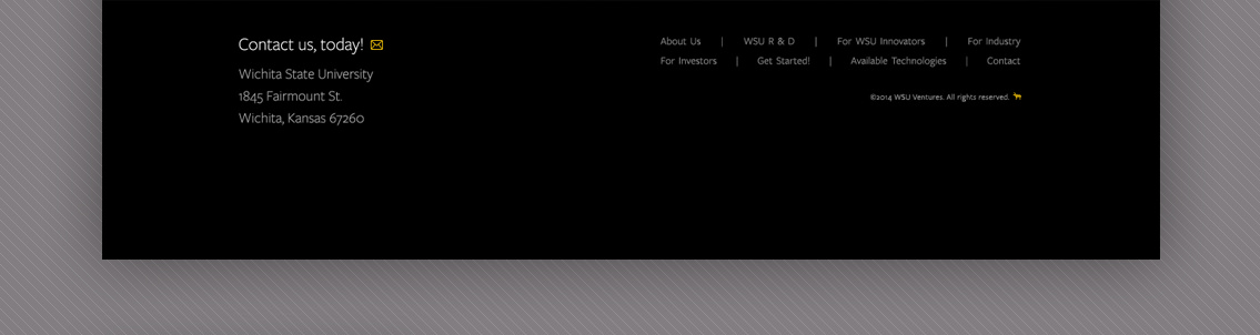 Black background with contact details and footer navigation bar.