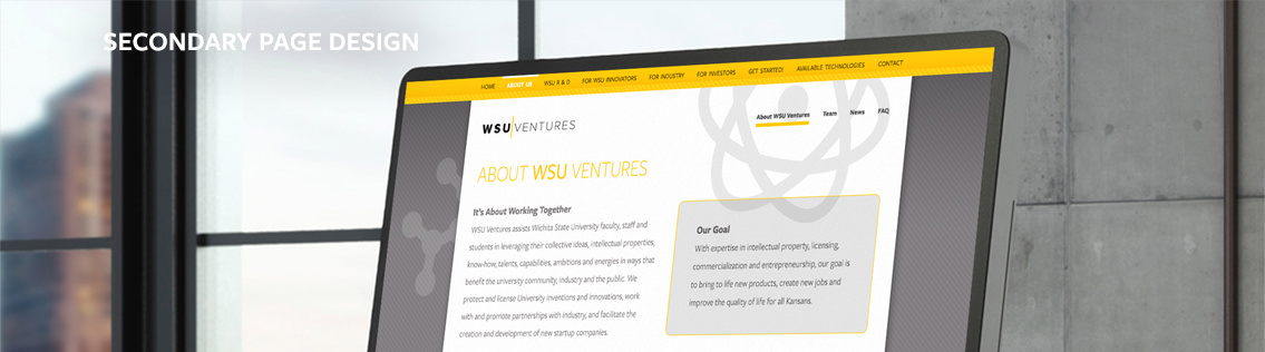 Text reading “Secondary Page Design” and a laptop with WSU Ventures’ website being demonstrated on a monitor.