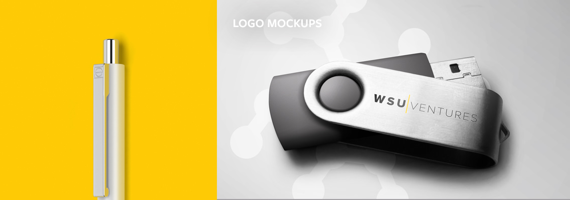 Text reading “Logo Mockups” and the top of a pen and USB drive demonstrating WSU Ventures’ logo.