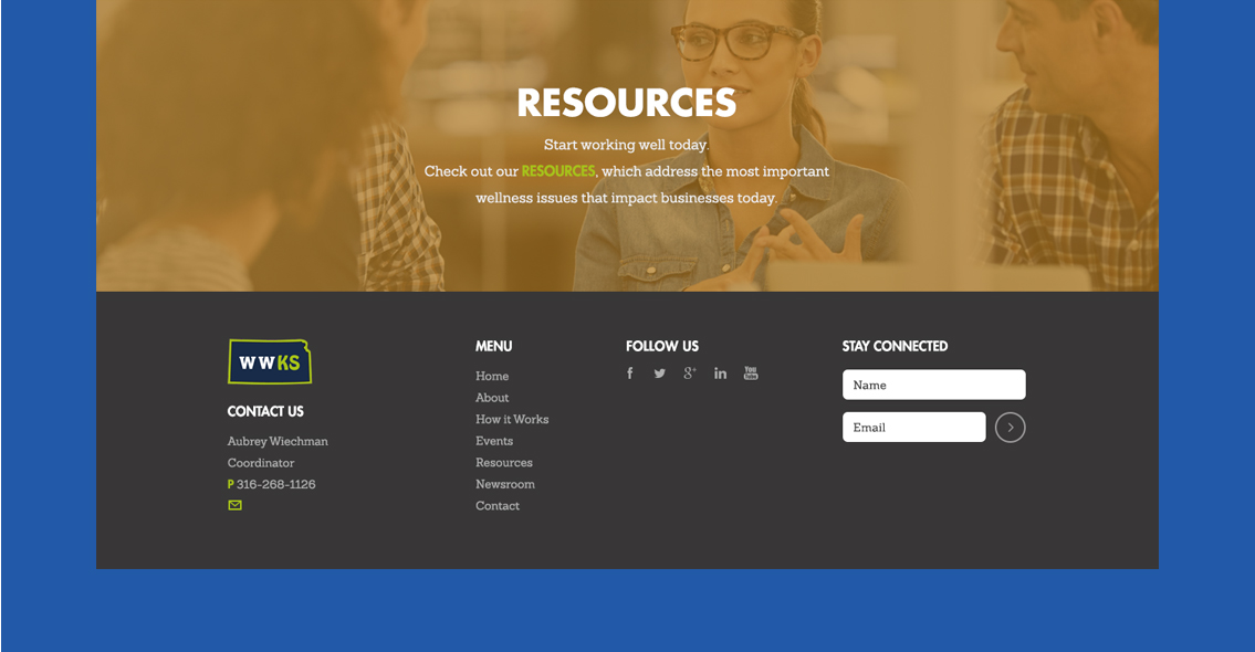 View of WorkWell Kansas' website footer, designed by Entermotion, a Wichita web-design studio.
