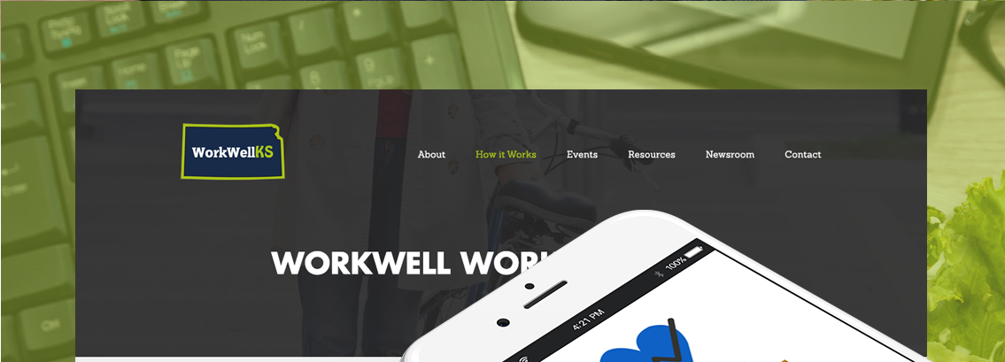View of WorkWell Kansas' website header, designed by Entermotion, a Wichita web-design studio.