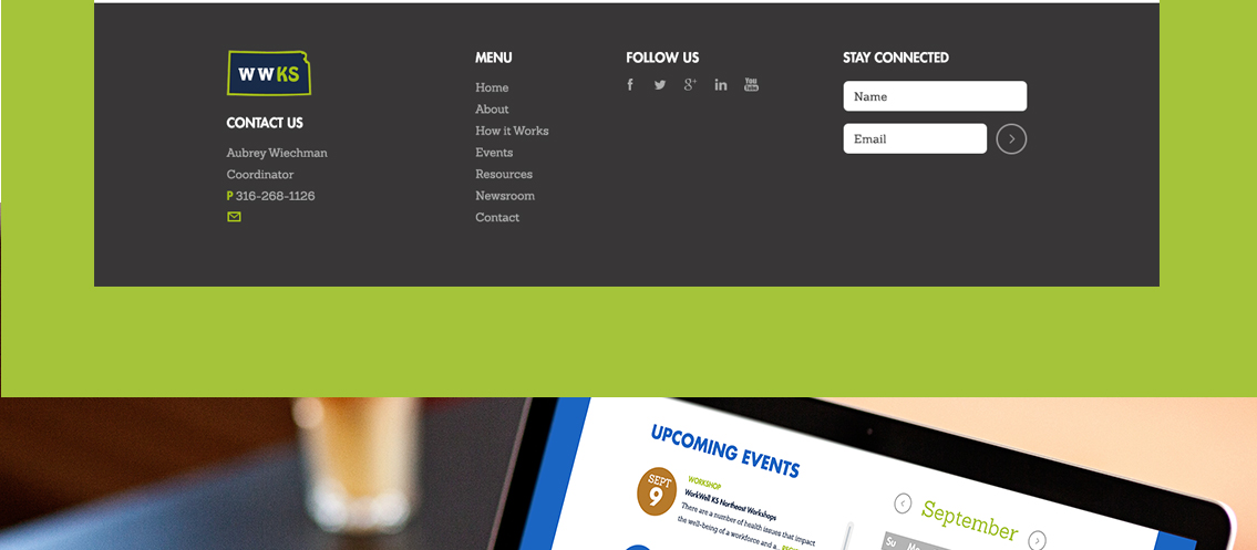 View of WorkWell Kansas' website footer, designed by Entermotion, a Wichita web-design studio.