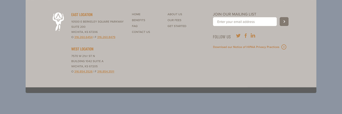 View of Atlas' website footer design, designed by Entermotion, a Wichita web-design studio.