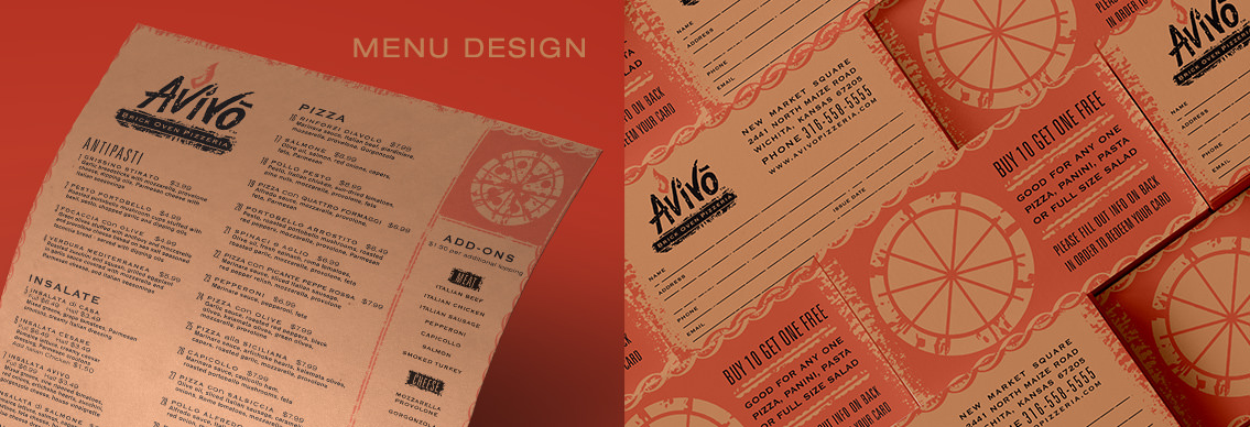 View of Avivo's menu and BOGO card design, designed by Entermotion, a Wichita web-design studio.
