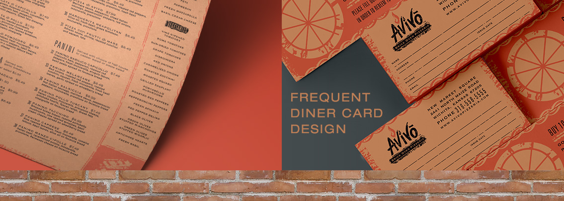 View of Avivo's menu and frequent diner card design, designed by Entermotion, a Wichita web-design studio.