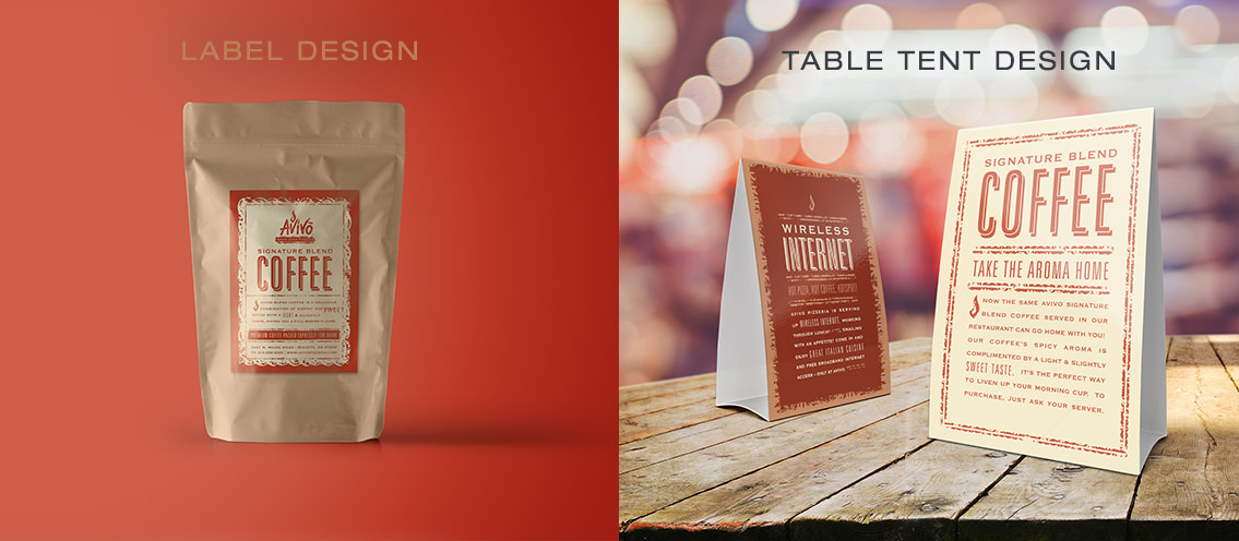 View of Avivo's label and table tent design, designed by Entermotion, a Wichita web-design studio.