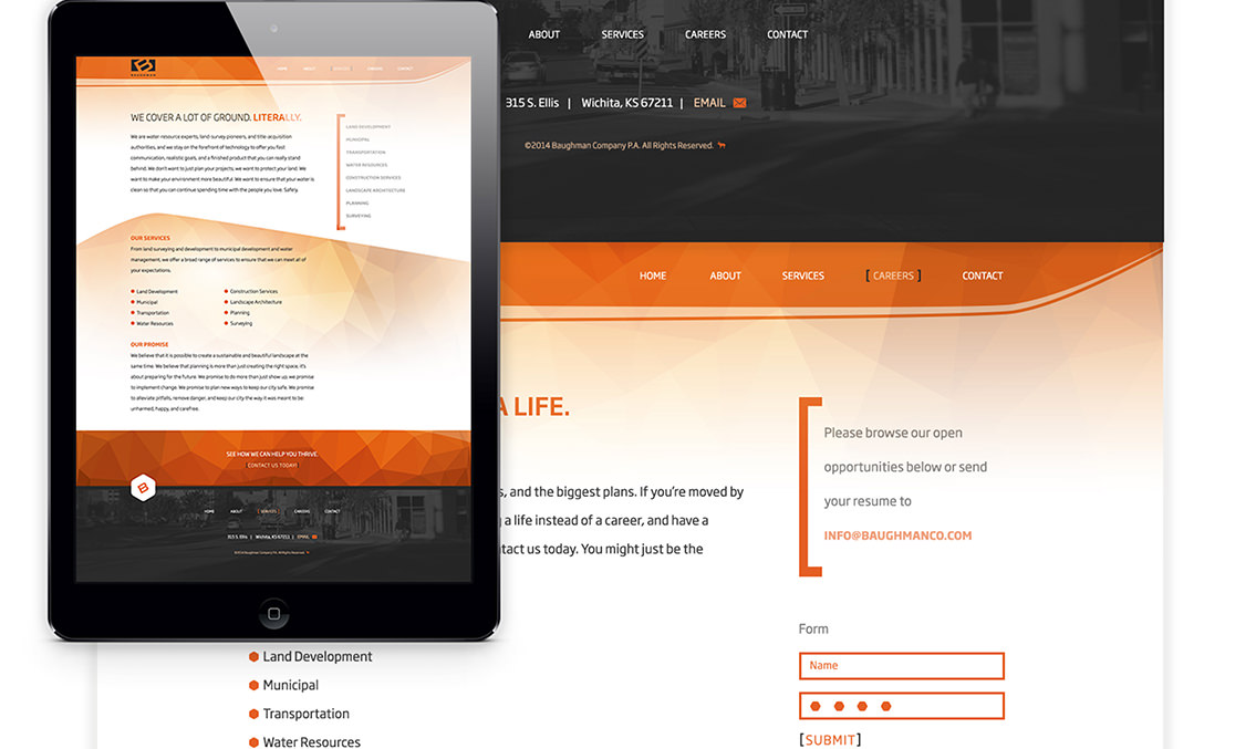 Snippet of Baughman's secondary page design and text.