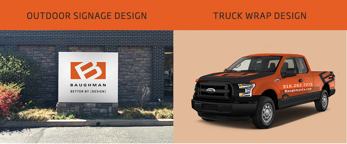 Baughman truck with logo wrap design and outdoor signage.