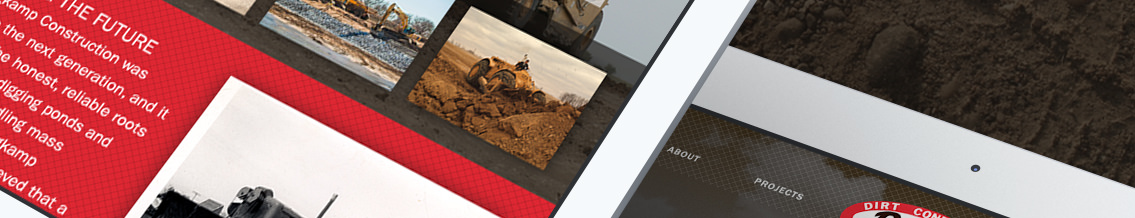 Close up of red block with white text about Bergkamp Construction's projects.