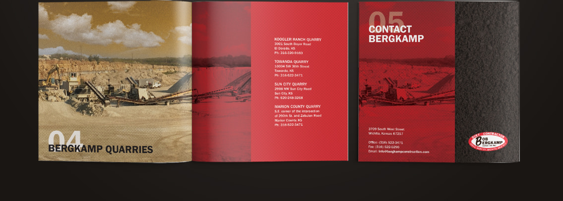 Quarry in brown and text about Bergkamp construction on right, designed by Entermotion.