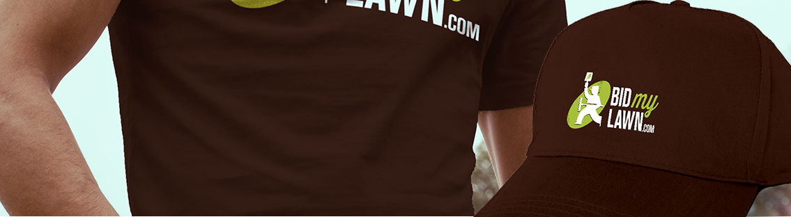 Close up of man in brown shirt and hat with Bid My Lawn logo.