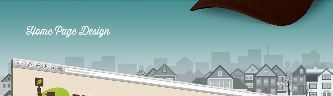 Detail of Bid My Lawn’s webpage featuring tiny houses and cityscape.