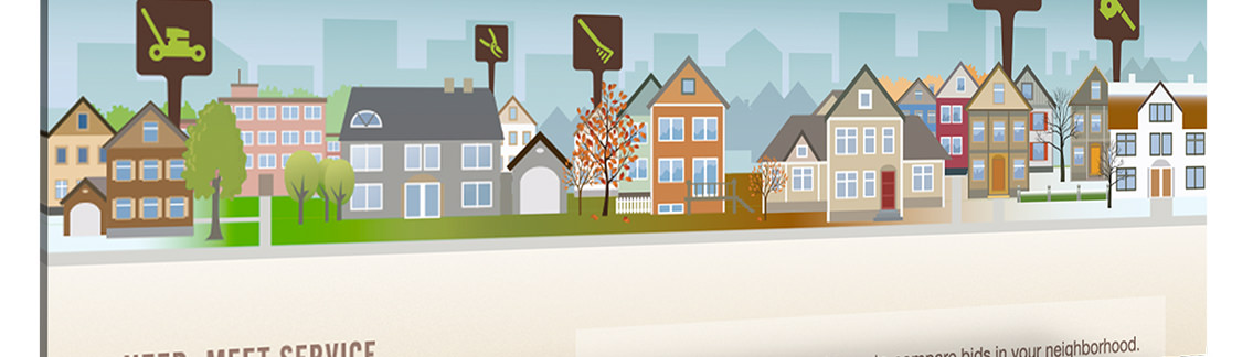 Illustrated houses punctuated with maintenance icons.