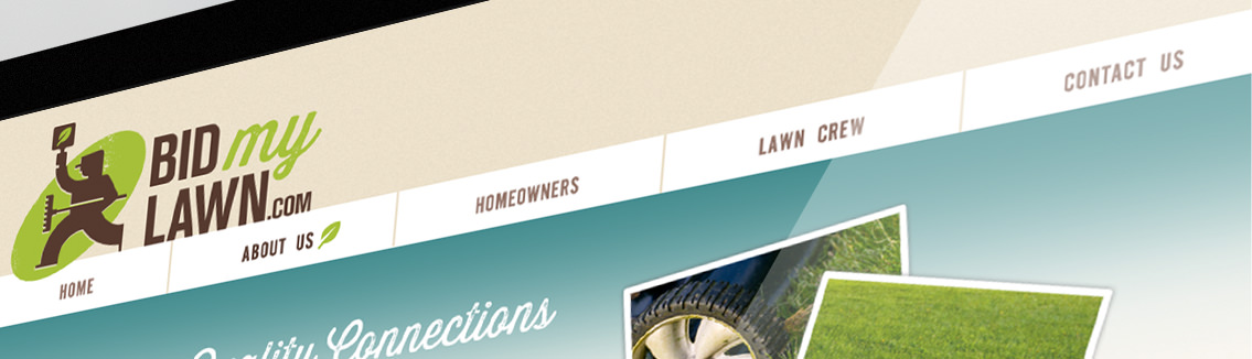 Detail of main navigation for website— featuring an about us page, homeowners page, and lawn crew page.