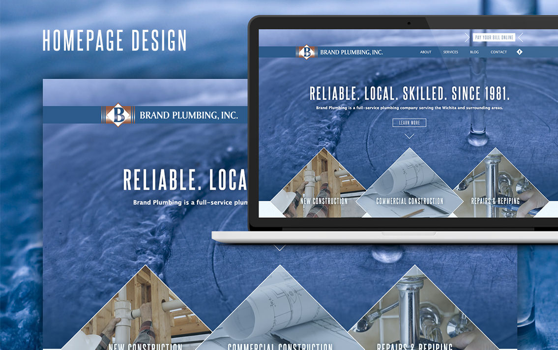Close-up of Brand Plumbing's homepage design and page text.