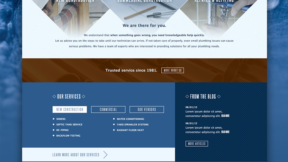 Close-up of services text on Brand Plumbing's services page.