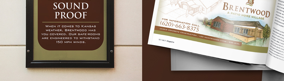 Close-up of Brentwood's brochure and signage, designed by Entermotion, a Wichita web-design studio.