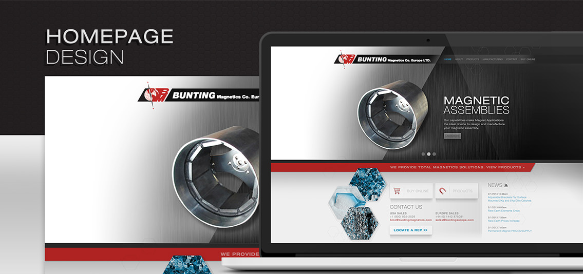 Close-up of homepage design for Bunting Magnetics website.