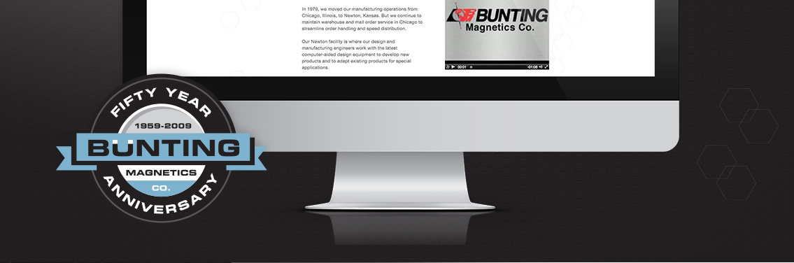 Close-up of Bunting Magnetic's anniversary banner.