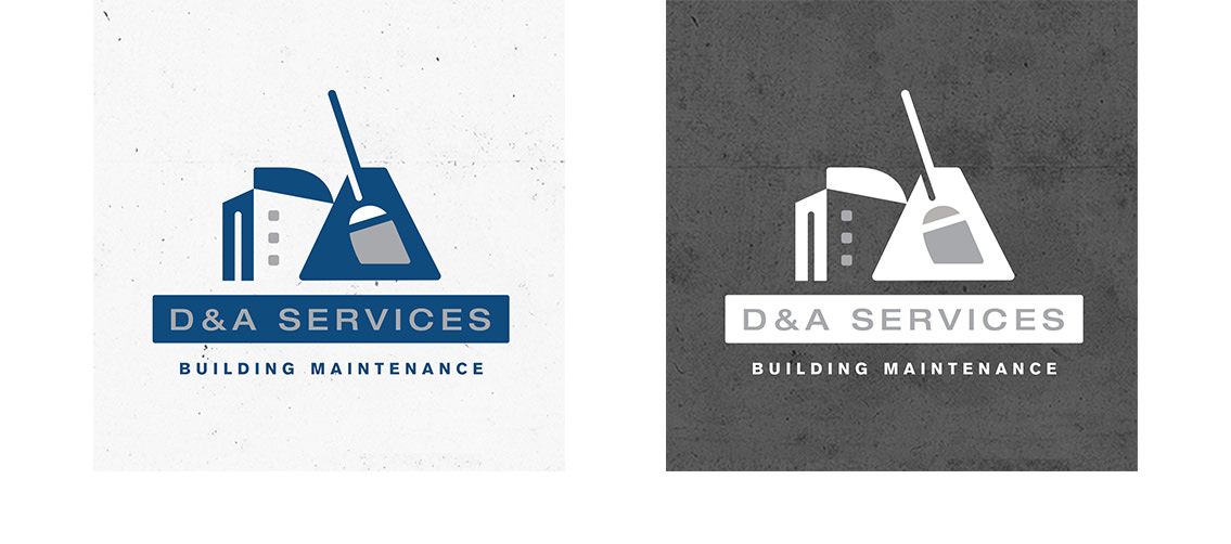 Close-up of D&A Services logo, featuring a building behind cleaning supplies.