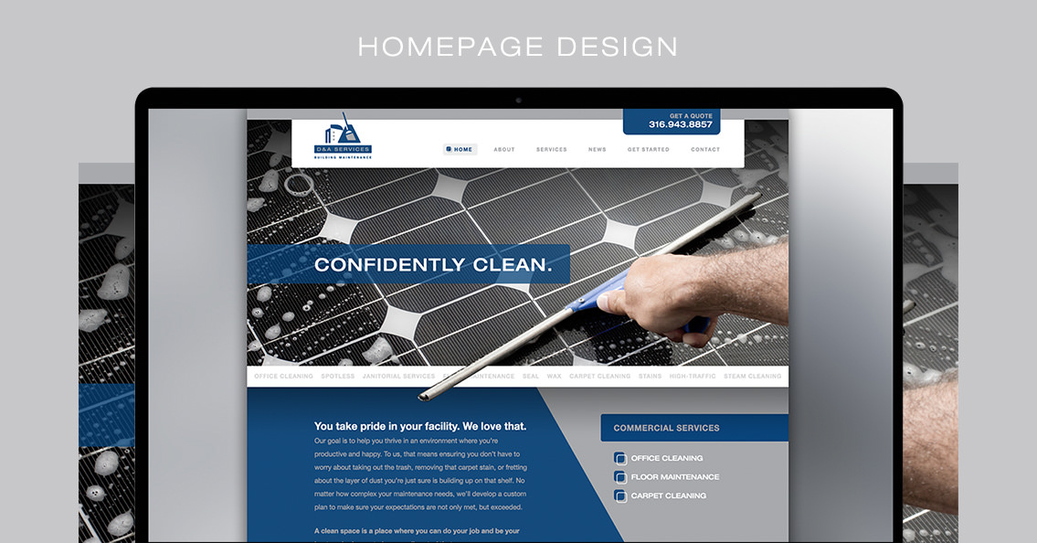 Homepage design example for D&A Services featuring page text and an image of a hand holding a tool and cleaning a window.