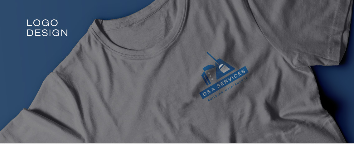 D&A Services logo design, featuring a building behind cleaning supplies, on top of gray t-shirt.