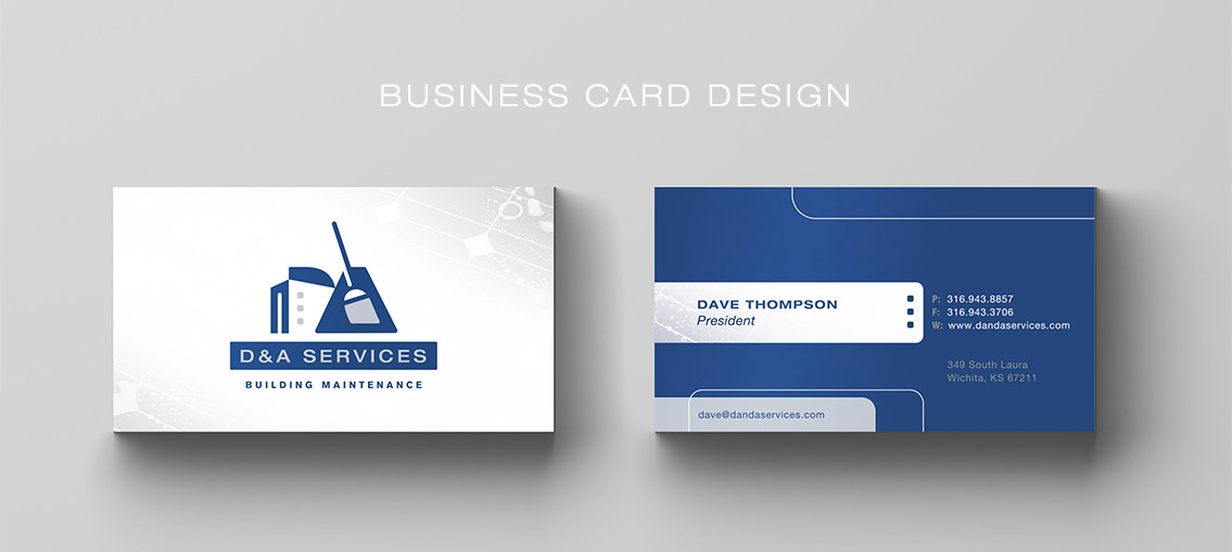 Business card design for D&A Services, featuring logo with a building behind cleaning supplies.