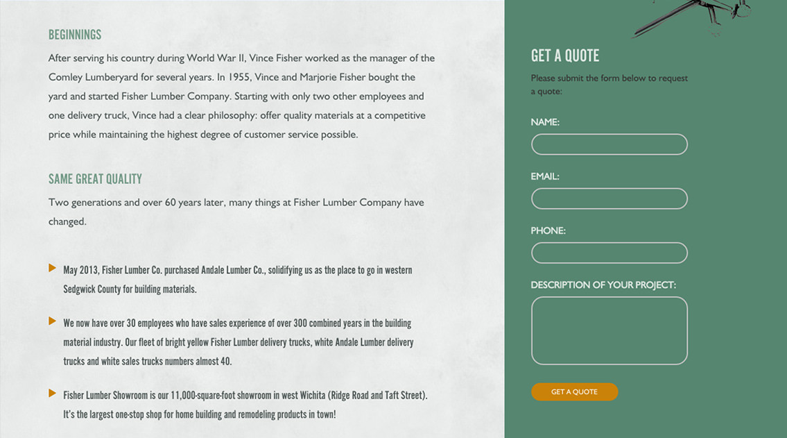 Close-up of get a quote page for Fisher Lumber.