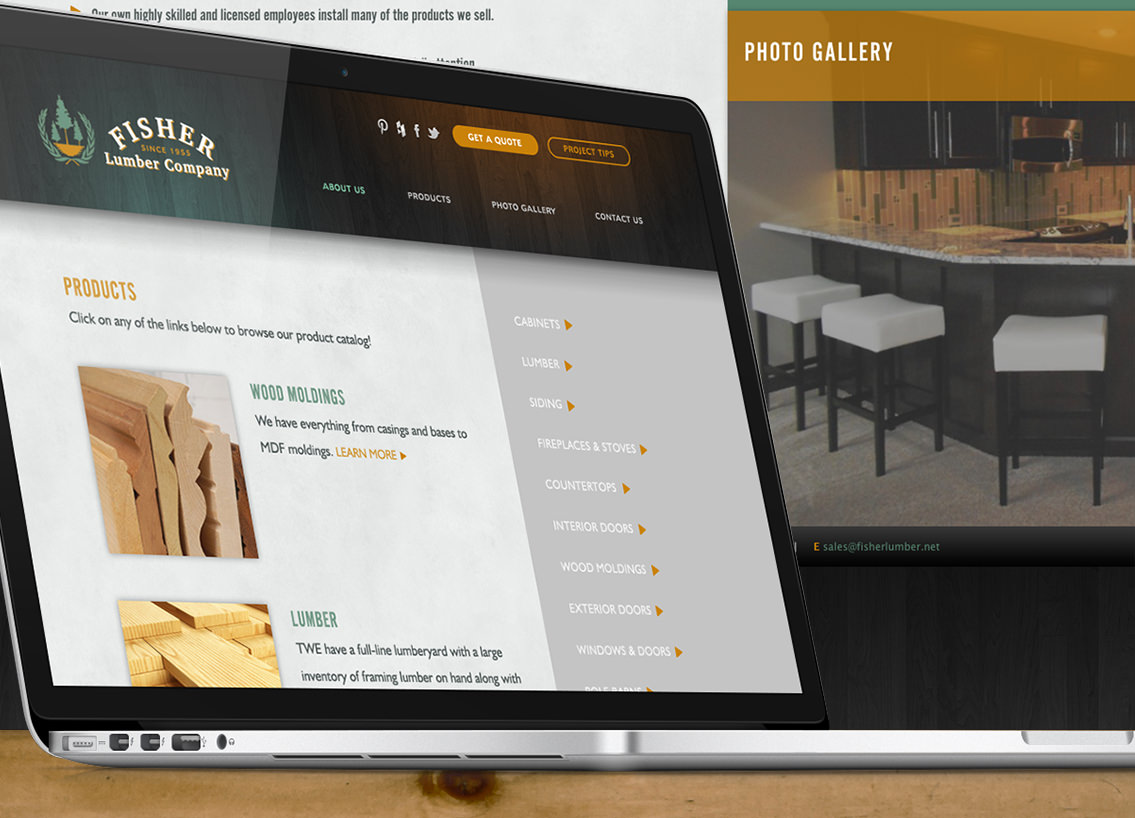 Close-up of Fisher Lumber's gallery page, featuring a picture of slabs of wood and raw lumber.