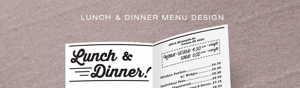 Lunch and dinner menu for Fuel Exp featuring illustrations.