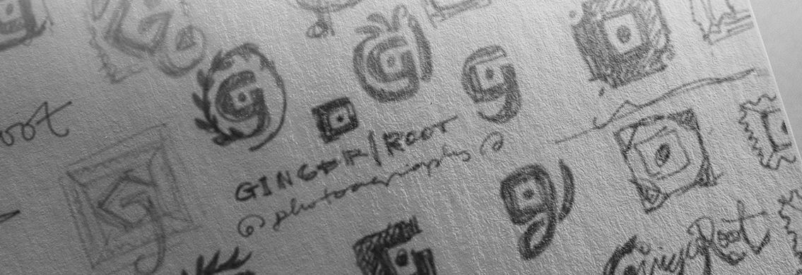 View of Gingeroot's logo sketches, designed by Entermotion, a Wichita web-design studio.