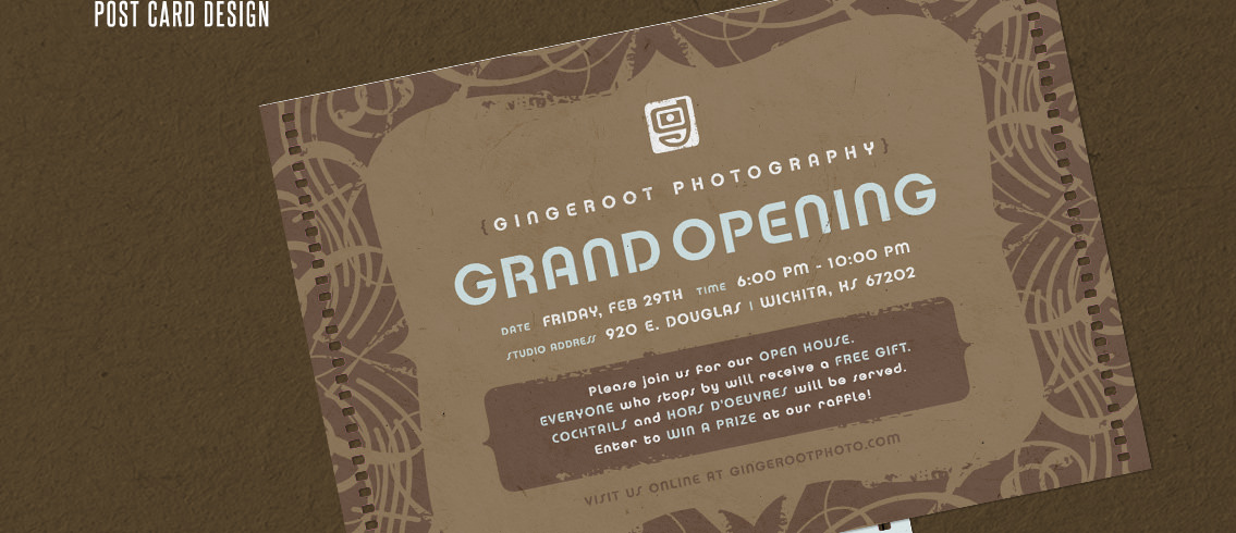 View of Gingeroot's postcard design, designed by Entermotion, a Wichita web-design studio.