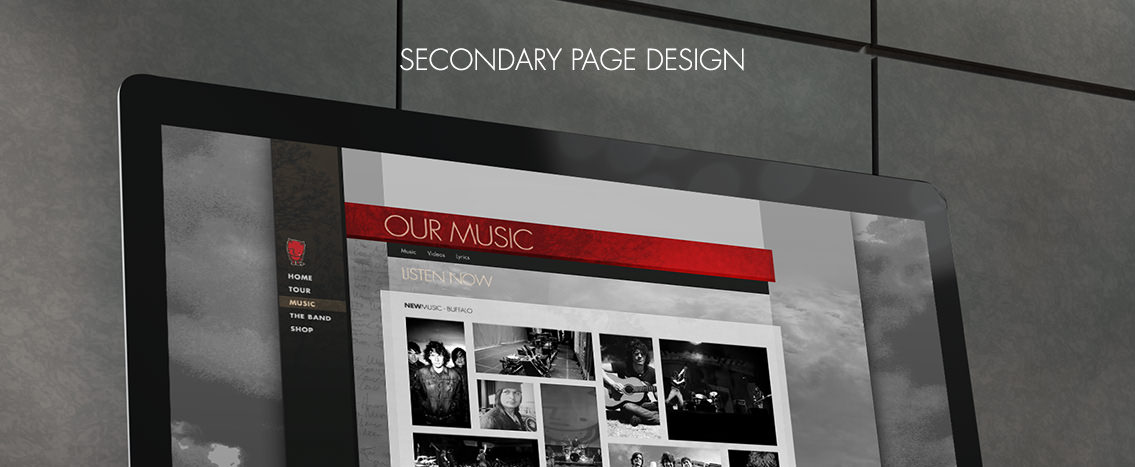 Snippet of Gooding's secondary page design featuring small images of male band members smiling.