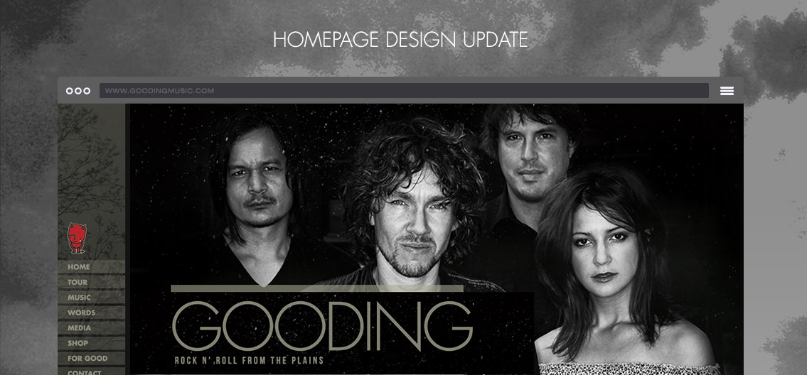 Homepage design for Gooding, featuring three men and one woman posing for a photo.