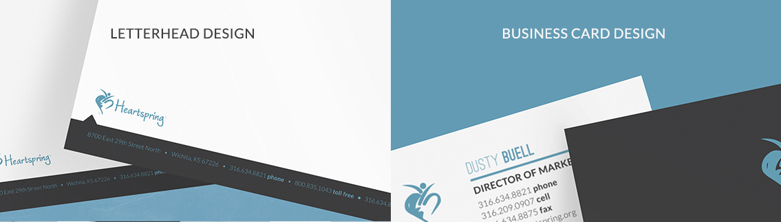 View of  Heartspring's letterhead and business card design, designed by Entermotion, a Wichita web-design studio.