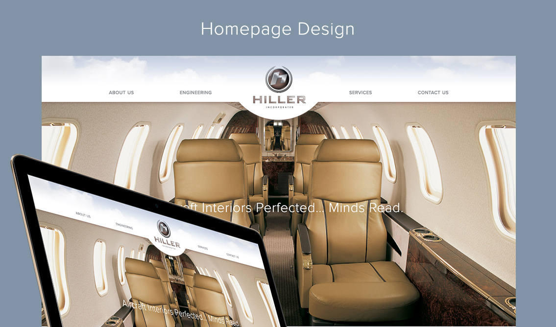 Homepage design for Hiller, Inc., featuring aircraft interiors and homepage text.