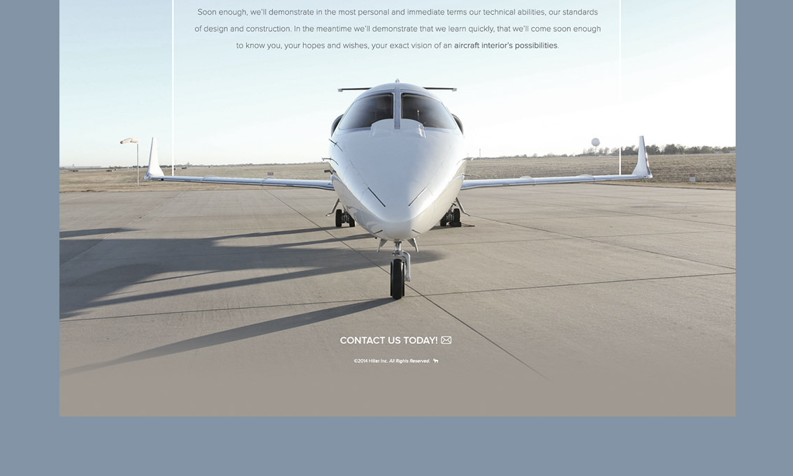Snippet of secondary page design, aircraft, and secondary page text for Hiller, Inc.