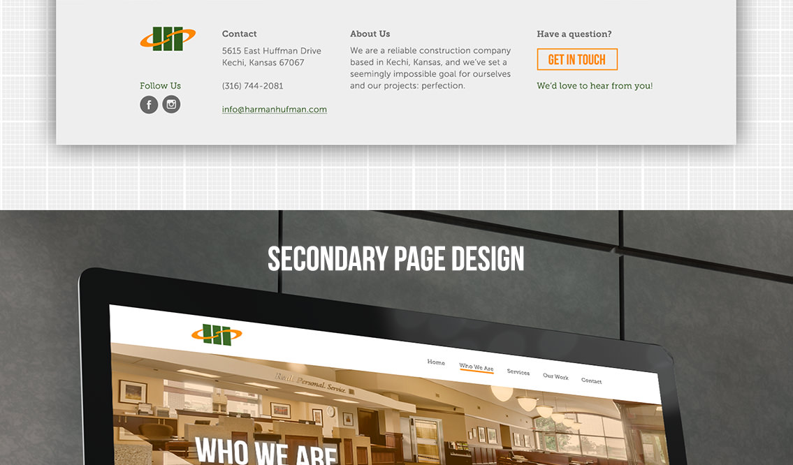 Secondary page design for Harman Huffman, featuring Harman Huffman's logo and page text.