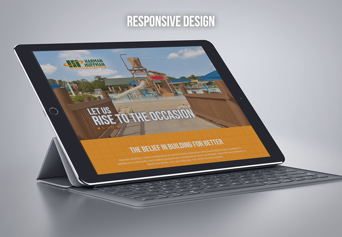Responsive design example for Harman Huffman, displayed on tablet.