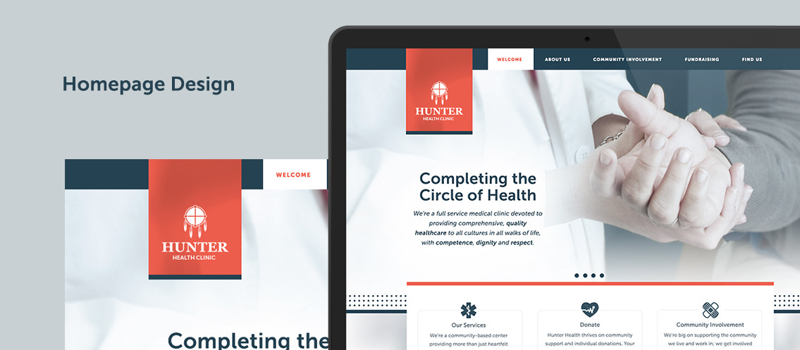 Close-up view of Hunter Health Clinic's website design and header, designed by Entermotion, a Wichita web-design studio.