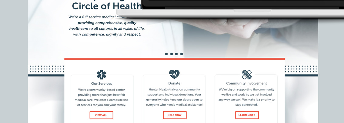 Close-up view of Hunter Health Clinic's website design, designed by Entermotion, a Wichita web-design studio.